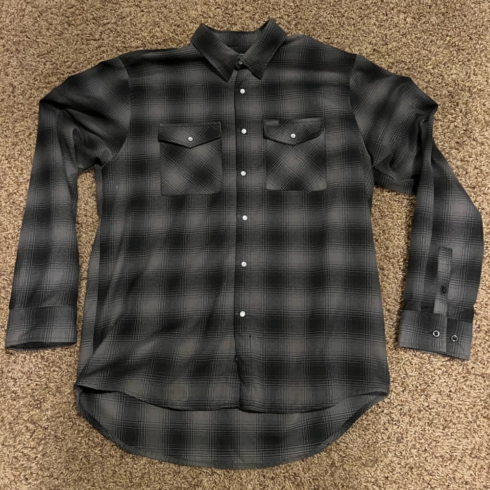 Troll clothing DHCM flannel gray & black, white pearl buttons men’s XL